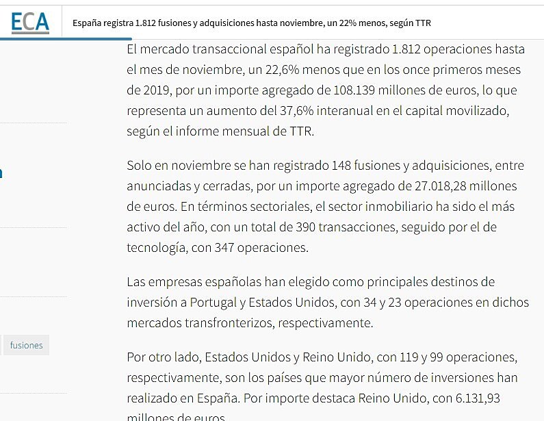 Espaa registra 1.812 fusiones y adquisiciones hasta noviembre, un 22% menos, segn TTR